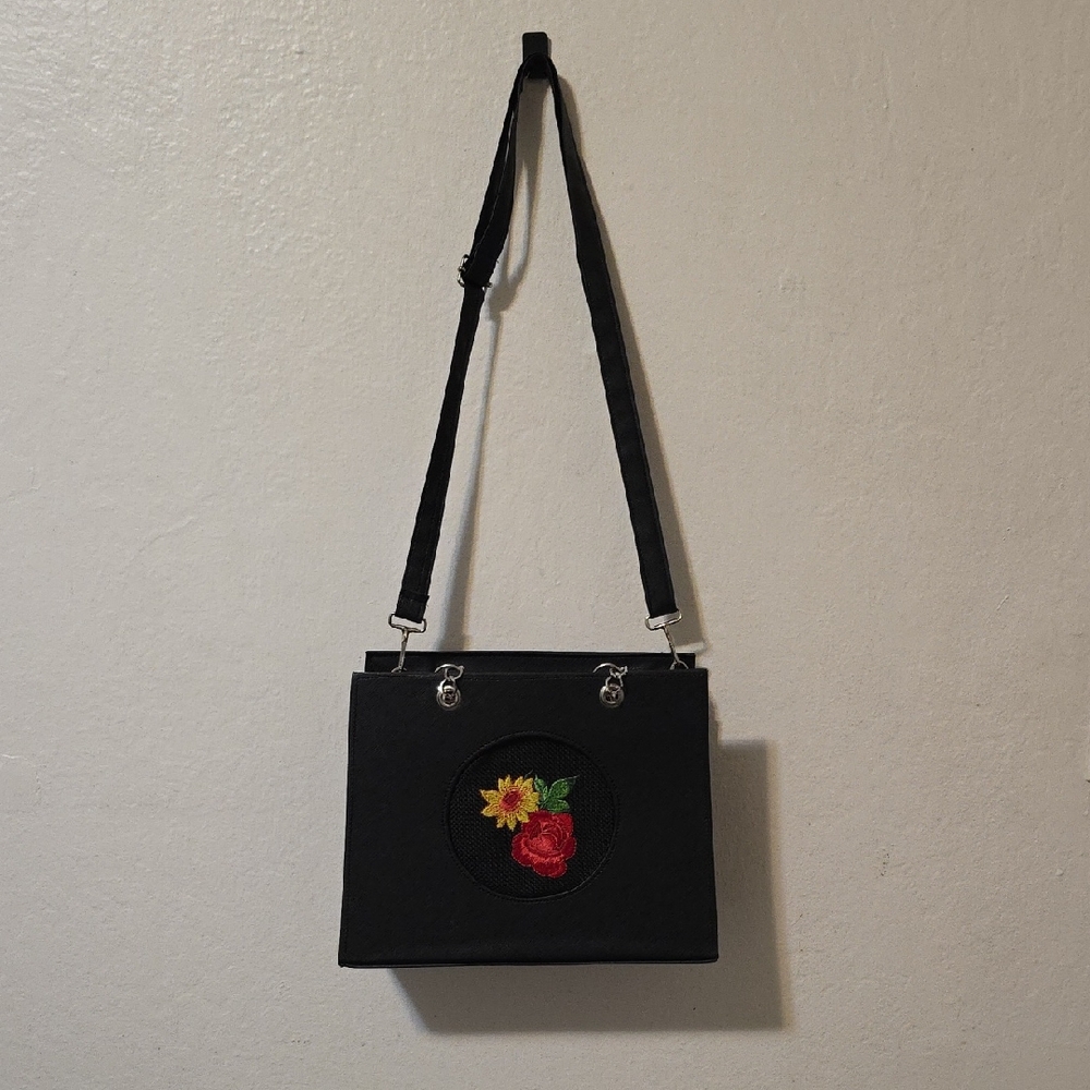 Black Shoulder Bag with Floral Embroidery